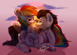 Size: 1400x1000 | Tagged: safe, artist:ariamidnighters, imported from derpibooru, rainbow dash, soarin', pegasus, pony, eye contact, female, looking at each other, male, shipping, soarindash, straight