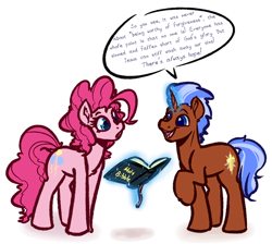 Size: 822x736 | Tagged: safe, artist:witchtaunter, edit, pinkie pie, oc, earth pony, pony, bible, book, chest fluff, christianity, female, head tilt, levitation, magic, mare, open mouth, raised hoof, reading, religion, simple background, smiling, speech bubble, telekinesis, white background