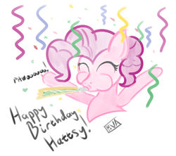 Size: 4500x4000 | Tagged: safe, artist:evan555alpha, imported from ponybooru, pinkie pie, earth pony, bust, celebrating, celebration, confetti, exclamation point, eyes closed, female, hattsy's birthday, onomatopoeia, party, party horn, puffy cheeks, raised hoof, raised leg, signature, simple background, solo, streamers, text, white background