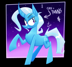 Size: 640x595 | Tagged: source needed, useless source url, safe, artist:cassettepony, artist:cassettepunk, imported from derpibooru, trixie, pony, unicorn, gender headcanon, headcanon, implied gay, lgbt headcanon, lidded eyes, looking at you, raised hoof, smiling, solo, trans trixie, transgender