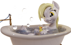 Size: 3840x2410 | Tagged: safe, artist:xppp1n, imported from ponybooru, derpy hooves, 3d, bathing, bathtub, blender, blender cycles, rubber duck, simple background, smiling, solo, transparent background