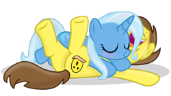 Size: 2000x1122 | Tagged: safe, artist:grapefruit-face, imported from derpibooru, trixie, oc, oc:grapefruit face, pony, base used, blushing, canon x oc, eyes closed, female, grapexie, happy, laughing, legs in the air, male, shipping, simple background, sleepy, straight, transparent background