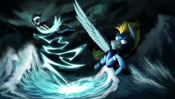 Size: 4062x2285 | Tagged: safe, artist:klarapl, imported from derpibooru, oc, oc only, oc:blaze (shadowbolt), oc:lady lightning strike, pegasus, pony, commission, duo, fight, flying, spread wings, water, wings