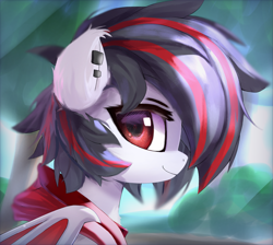 Size: 2137x1916 | Tagged: safe, artist:jfrxd, imported from derpibooru, oc, oc only, oc:jfrxd, bat pony, pony, bat pony oc, bat wings, black hair, bust, chest fluff, clothes, cute, ear piercing, hoodie, male, photo, piercing, ponyville, red eyes, solo, stallion, tree, wings