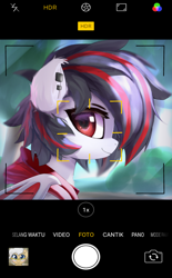 Size: 1440x2320 | Tagged: safe, artist:jfrxd, imported from derpibooru, oc, oc only, oc:jfrxd, bat pony, pony, black hair, camera shot, chest fluff, clothes, cute, ear piercing, hoodie, male, phone, phone screen, photo, piercing, red eyes, solo, stallion