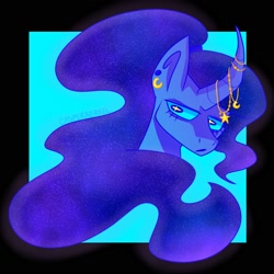 Size: 2000x2000 | Tagged: safe, artist:voidmoth, imported from derpibooru, princess luna, alicorn, pony, curved horn, ear piercing, earring, female, high res, horn, jewelry, mare, piercing, solo