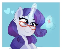 Size: 1280x1002 | Tagged: safe, artist:emera33, imported from derpibooru, rarity, pony, unicorn, cute, glasses, glowing horn, happy, heart, horn, levitation, magic, needle, raribetes, smiling, solo, telekinesis, thread