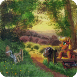 Size: 1000x999 | Tagged: safe, artist:sa1ntmax, imported from derpibooru, applejack, earth pony, pony, fence, gate, grass, hat, scenery, solo, traditional art, tree