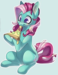 Size: 1594x2048 | Tagged: safe, artist:cutepencilcase, imported from derpibooru, minty, earth pony, pony, cucumber, cucumber pizza, cute, eating, female, food, g3, herbivore, mare, pizza, smiling, solo