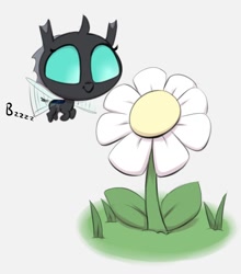 Size: 978x1112 | Tagged: safe, artist:heretichesh, imported from derpibooru, changeling, pony, chibi, cute, cuteling, daisy (flower), filfilfil, flower, flying, smiling, smol, solo, spread wings, weapons-grade cute, wings
