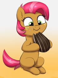 Size: 898x1200 | Tagged: safe, artist:heretichesh, imported from derpibooru, babs seed, earth pony, pony, adorababs, cute, eating, female, filly, food, freckles, herbivore, puffy cheeks, smiling, solo, sunflower seeds