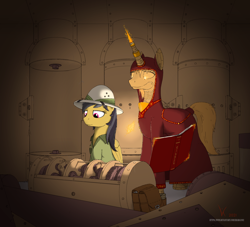 Size: 2002x1816 | Tagged: safe, artist:eriada, imported from derpibooru, daring do, oc, pegasus, pony, robot, robot pony, unicorn, comic:daring do and the secrets of solar temple, book, clothes, duo, mechanism, robe