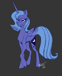 Size: 873x1080 | Tagged: safe, artist:skruxghost, imported from derpibooru, princess luna, alicorn, pony, s1 luna, simple background, smiling, solo, standing