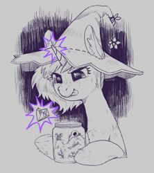 Size: 1775x2000 | Tagged: safe, artist:taytinabelle, imported from derpibooru, oc, oc only, oc:witching hour, pony, unicorn, biting, cheek fluff, chest fluff, concentrating, crystal, ear fluff, female, floating, freckles, hat, jar, magic, magic aura, mare, simple background, solo, tongue bite, tongue out, unshorn fetlocks, white background, witch, witch hat