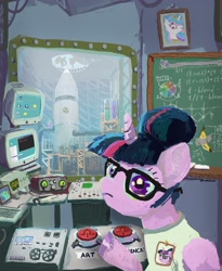 Size: 3359x4096 | Tagged: safe, artist:nemo2d, imported from derpibooru, princess celestia, spike, starlight glimmer, twilight sparkle, whoa nelly, alicorn, pony, twilight sparkle's secret shipfic folder, banana, chalkboard, computer, female, food, high res, long glimmer, long pony, looking at you, mare, microsoft windows, rocket, science, solo, twilight sparkle (alicorn), windows, windows 95