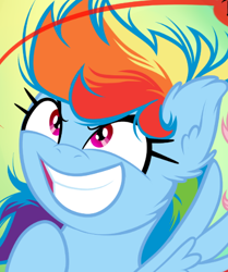 Size: 446x534 | Tagged: safe, artist:becauseimpink, imported from derpibooru, rainbow dash, pegasus, pony, comic:transition, cropped, cute, dashabetes, ear fluff, female, filly, filly rainbow dash, gradient background, grin, happy, hoof on chest, looking up, smiling, solo, spread wings, wings, younger