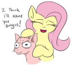 Size: 542x491 | Tagged: safe, artist:jargon scott, imported from derpibooru, imported from ponybooru, fluttershy, cat, earth pony, pegasus, pony, bingus, eyes closed, female, hairless, mare, meme, open mouth, petting, simple background, smiling, sphynx cat, whiskers, white background