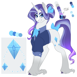 Size: 3000x3000 | Tagged: safe, artist:gingygin, imported from derpibooru, rarity, pony, unicorn, alternate cutie mark, alternate hairstyle, bow, clothes, female, high res, mare, older, older rarity, reference sheet, shirt, simple background, skunk stripe, solo, tail bow, white background