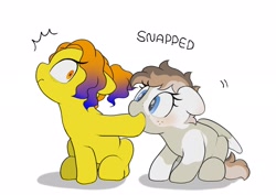 Size: 2048x1446 | Tagged: safe, artist:mochi_nation, imported from derpibooru, oc, oc only, oc:moth, oc:sunrich maron, earth pony, pegasus, pony, biting, cute, duo, facial markings, female, freckles, looking at each other, markings, nom, simple background, sitting, white background