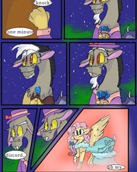 Size: 540x675 | Tagged: safe, artist:cocolove2176, imported from derpibooru, discord, fluttershy, draconequus, pegasus, pony, comic:fluttering chaos, abstract background, blushing, bust, chest fluff, clothes, colored hooves, dialogue, dress, female, gala dress, hat, male, mare, offscreen character, suit