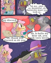 Size: 540x676 | Tagged: safe, artist:cocolove2176, imported from derpibooru, discord, fluttershy, draconequus, pegasus, pony, comic:fluttering chaos, abstract background, blushing, bust, chest fluff, clothes, colored hooves, dialogue, dress, female, gala dress, hat, male, mare, offscreen character, suit