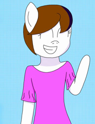 Size: 720x931 | Tagged: safe, artist:fruiitypieq, artist:shycookieq, imported from derpibooru, oc, oc only, anthro, earth pony, blue background, bust, clothes, earth pony oc, grin, simple background, smiling, solo, waving