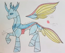 Size: 3455x2854 | Tagged: safe, artist:agdapl, imported from derpibooru, changedling, changeling, changedlingified, crossover, curved horn, floating wings, high res, horn, male, medic, raised hoof, reference sheet, signature, solo, species swap, team fortress 2, traditional art, wings