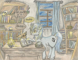 Size: 2258x1752 | Tagged: safe, artist:cindertale, imported from derpibooru, oc, oc only, oc:aeon of dreams, oc:cinder, deer, pony, unicorn, book, chest fluff, deer oc, dialogue, horn, indoors, male, reading, stallion, traditional art, unicorn oc