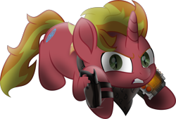 Size: 5292x3574 | Tagged: safe, artist:lincolnbrewsterfan, derpibooru exclusive, imported from derpibooru, oc, oc:fire brander, pony, unicorn, fallout equestria, my little pony: the movie, .svg available, absurd resolution, angry, bandana, crouching, cutie mark, gritted teeth, growling, gun, handgun, highlights, holster, horn, inkscape, insanity, logo, looking at you, lore in description, male, mane, movie accurate, murderer, owner, pipbuck, pipbuck 3000, pistol, ponified, raider, revolutionist, revolver, shading, shrunken pupils, slit eyes, slit pupils, snarling, stallion, stallion oc, straps, svg, tail, unicorn oc, vector, weapon, what a lovely pony to meet in the middle of the night