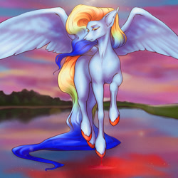 Size: 1280x1280 | Tagged: safe, artist:sumcer, imported from derpibooru, rainbow dash, pegasus, pony, alternate design, colored hooves, female, lake, long tail, mare, sky, solo, spread wings, wings