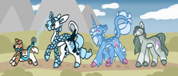 Size: 1064x456 | Tagged: safe, artist:trenchcoatraccoons, imported from derpibooru, marble pie, rarity, trixie, oc, classical unicorn, dog, unicorn, alternate design, cloven hooves, family, leash, leonine tail, parent:marble pie, parent:trixie, pet oc, unshorn fetlocks