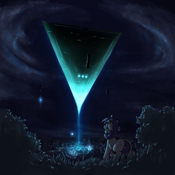 Size: 3000x3000 | Tagged: safe, artist:t72b, imported from derpibooru, star dancer, alien, earth pony, pony, cloud, female, floating, floppy ears, flying, forest, glow, glowing, high res, mare, night, obelisk, scared, shocked, sky, solo, star dancer appreciation collab, stars, ufo