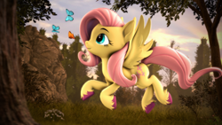 Size: 3840x2160 | Tagged: safe, artist:psfmer, imported from derpibooru, fluttershy, butterfly, pegasus, pony, 3d, female, flying, high res, mare, revamped ponies, solo, source filmmaker, unshorn fetlocks