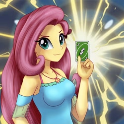 Size: 1598x1599 | Tagged: safe, artist:astevenamedwolf, imported from derpibooru, fluttershy, equestria girls, breasts, busty fluttershy, card, clothes, dress, fluttershy boho dress, looking at you, playing card, reaction image, solo, uno, uno reverse card