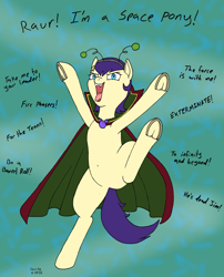 Size: 1507x1867 | Tagged: safe, artist:hericks, imported from derpibooru, star dancer, pony, cape, clothes, cute, looking at you, silly, silly pony, standing, standing on one leg, star dancer appreciation collab, tongue out, underhoof