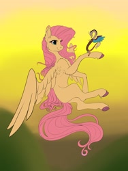 Size: 3072x4096 | Tagged: safe, artist:unfinishedheckery, imported from derpibooru, discord, fluttershy, draconequus, pegasus, pony, digital art, duo, female, flying, high res, male, mare, micro, missing cutie mark, spread wings, tail, unshorn fetlocks, wings