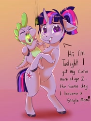 Size: 3072x4096 | Tagged: safe, artist:unfinishedheckery, imported from derpibooru, spike, twilight sparkle, dragon, pony, unicorn, baby, baby dragon, baby spike, bipedal, crying, digital art, duo, eyes closed, female, filly, filly twilight sparkle, fire, fire breath, floppy ears, hooves, male, mama twilight, mare, open mouth, text, unicorn twilight, younger