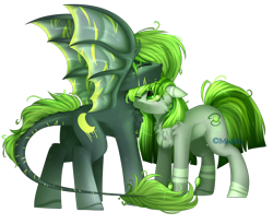 Size: 2702x2220 | Tagged: safe, artist:mediasmile666, imported from derpibooru, oc, oc only, earth pony, original species, pony, bat wings, duo, female, floppy ears, high res, leonine tail, male, mare, nuzzling, simple background, stallion, transparent background, wings