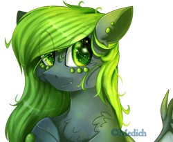 Size: 2696x2225 | Tagged: safe, artist:mediasmile666, imported from derpibooru, oc, oc only, pony, bat wings, bust, ear piercing, female, high res, mare, piercing, smiling, solo, wings