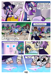 Size: 2100x3000 | Tagged: safe, artist:loryska, imported from derpibooru, twilight sparkle, oc, oc:clarabelle, oc:conundrum solar flare, oc:mezzanine, oc:niko, oc:plumeria, abyssinian, alicorn, dragon, hybrid, pony, zony, comic:friendship grows, glasses, high res, offspring, parent:derpy hooves, parent:doctor whooves, parent:quibble pants, parent:rainbow dash, parents:doctorderpy, parents:quibbledash, twilight sparkle (alicorn)