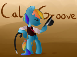 Size: 2000x1500 | Tagged: safe, artist:magiak416, imported from derpibooru, rainbow dash, pegasus, pony, bipedal, cane, catgroove, clothes, eyes closed, female, hat, mare, necktie, shirt, solo, vest