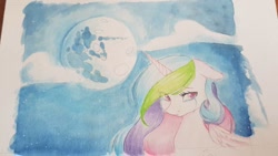 Size: 1008x567 | Tagged: safe, artist:magiak416, imported from derpibooru, princess celestia, alicorn, pony, cloud, crying, female, floppy ears, mare, mare in the moon, moon, sad, sadlestia, solo, teary eyes, traditional art, watercolor painting