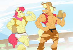 Size: 5340x3720 | Tagged: safe, artist:ponyanony, imported from derpibooru, apple bloom, applejack, anthro, earth pony, comic:that hard cider feeling, abs, absurd resolution, apple brawn, applebuck, applejack (male), applejacked, biceps, clothes, female to male, flexing, grin, himbo, himbo applebuck, himboification, implied transgender transformation, male, muscles, muscular male, overdeveloped muscles, partial nudity, pecs, rule 63, smiling, topless, torn clothes, wardrobe malfunction