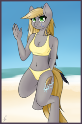 Size: 945x1413 | Tagged: safe, artist:twistare, imported from derpibooru, oc, oc only, oc:kaajuss, anthro, pegasus, unguligrade anthro, beach, belly button, breasts, cleavage, clothes, female, mare, midriff, solo, swimsuit, tankini, waving