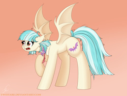 Size: 2000x1500 | Tagged: safe, artist:twistare, imported from derpibooru, coco pommel, bat pony, pony, bat ponified, bat wings, cocobat, fangs, female, gradient background, mare, one hoof raised, race swap, raised hoof, solo, wings