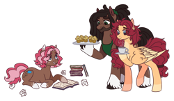 Size: 1600x925 | Tagged: safe, artist:lynesssan, imported from derpibooru, oc, oc only, oc:ginger bread, oc:heather, oc:jamie dodger, earth pony, pegasus, pony, coffee, female, food, lying down, male, mare, muffin, prone, simple background, stallion, transparent background