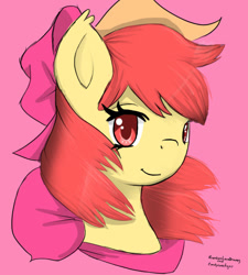 Size: 767x851 | Tagged: safe, artist:candycanetiger, artist:karneliankallie, imported from derpibooru, apple bloom, earth pony, pony, bust, collaboration, female, mare, pink background, simple background, solo