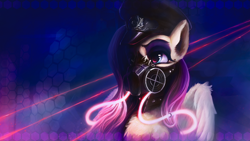 Size: 3000x1688 | Tagged: safe, artist:stdeadra, imported from derpibooru, fluttershy, pegasus, pony, bdsm, big eyes, cyberpunk, gas mask, laser, mask, nazi, neon, solo, wings, wings down