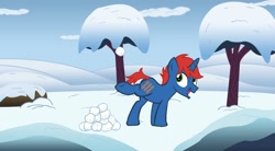 Size: 900x496 | Tagged: safe, artist:ponybasesrus, artist:ry-bluepony1, imported from derpibooru, oc, oc:train track, pony, unicorn, background, base used, colt, foal, hill, horn, kicking, male, show accurate, snow, snowball, snowball fight, tree, unicorn oc