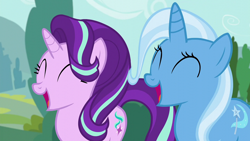 Size: 1920x1080 | Tagged: safe, imported from derpibooru, screencap, starlight glimmer, trixie, pony, unicorn, no second prances, duo, duo female, eyes closed, female, laughing, mare, open mouth